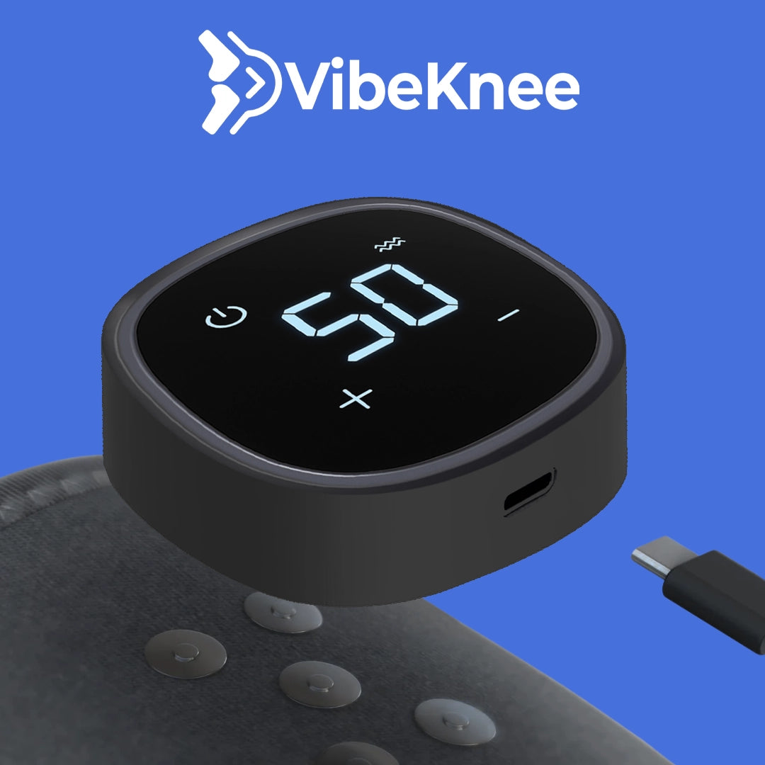 Black electronic device with digital display on a blue background, featuring the VibeKnee brand.