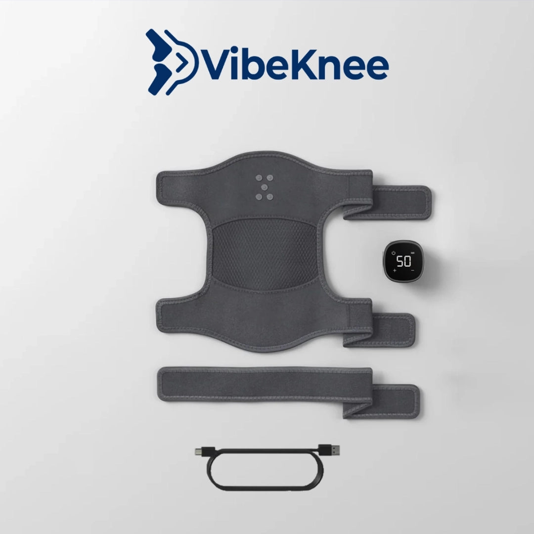 VibeKnee device with digital display on a light gray background