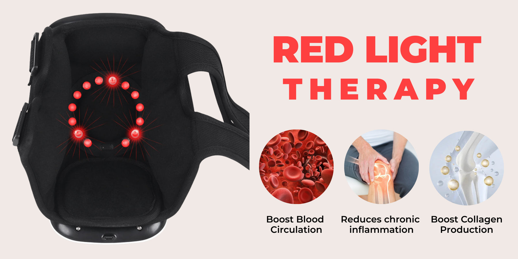 Vibeknee Massager Pro device with red lights, featuring text about red light therapy benefits.