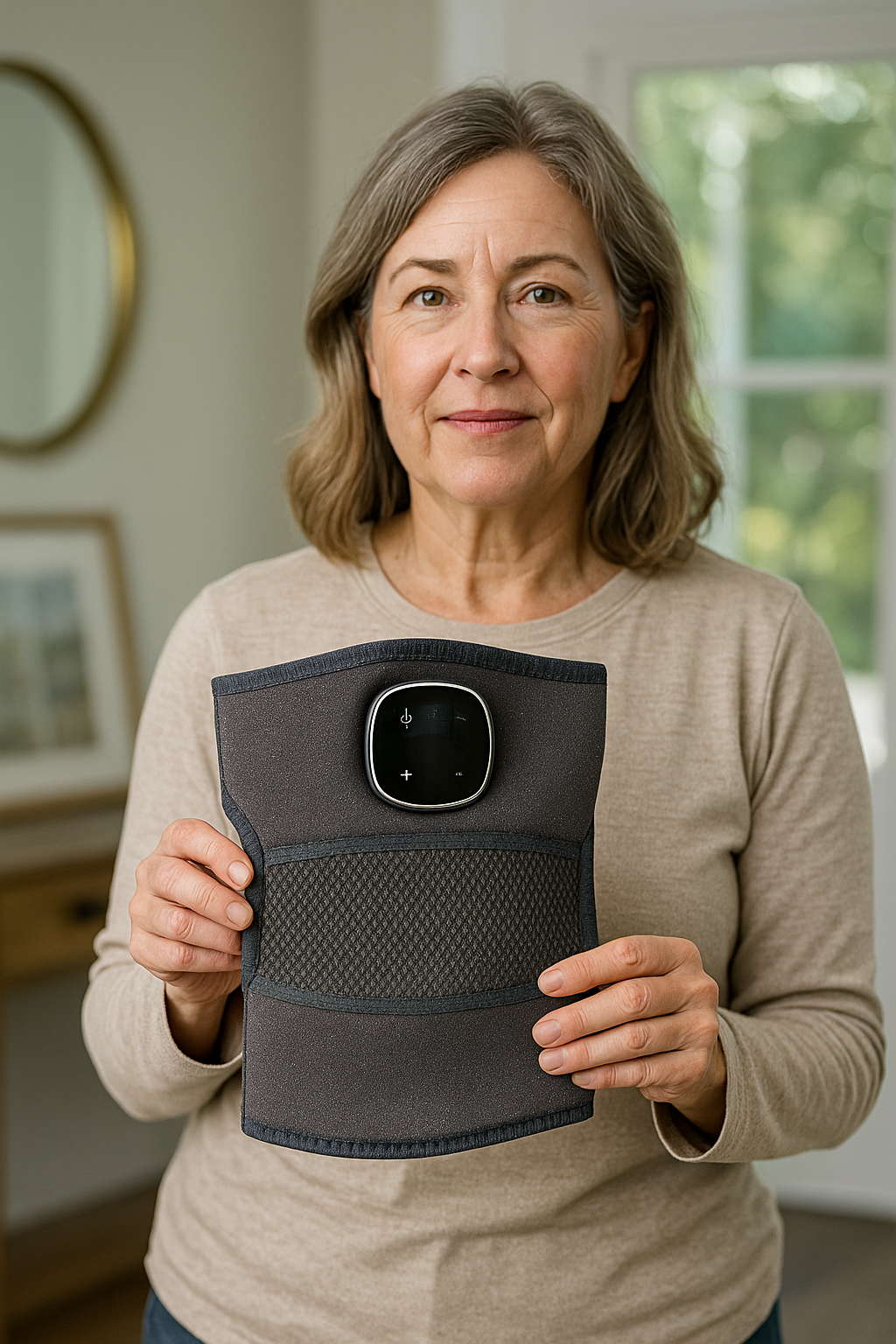 Woman holding a black medical device in a home setting